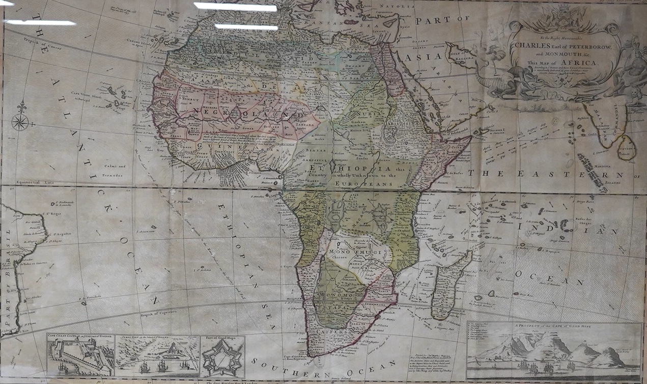 Hermann Moll (1654-1732) engraved map of Africa, Charles Earl of Peterborow and Monmouth, 60 x 98cm. Condition - poor/fair